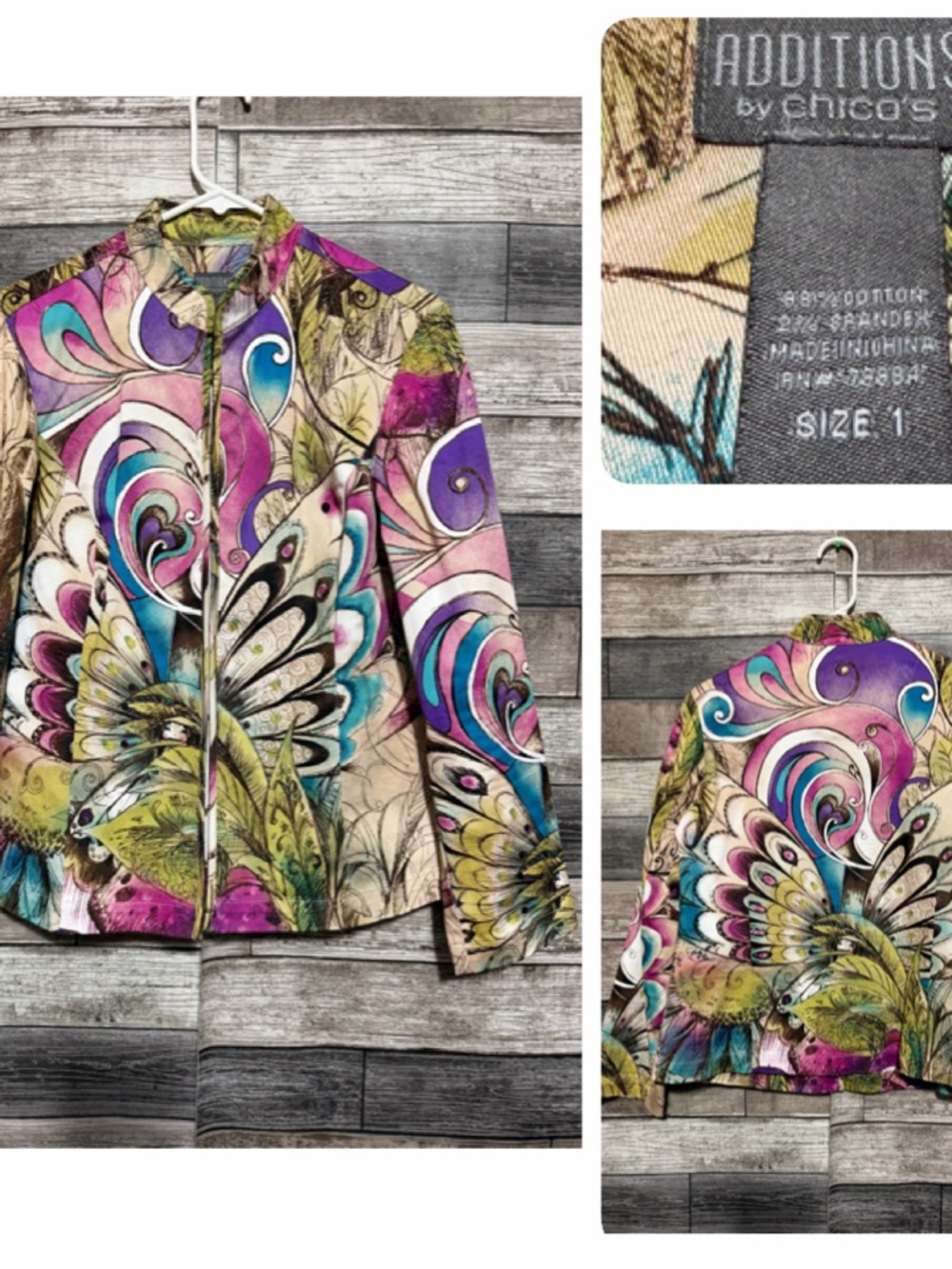 Chico's Additions Size 1 Cotton Multicolor Peacock Floral Blazer Jacket Hook Eye